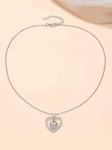 Rhinestone Heart Charm Necklace - Silver - View 3