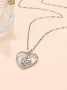 Rhinestone Heart Charm Necklace - Silver - View 5