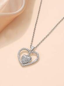 Rhinestone Heart Charm Necklace - Silver - View 6