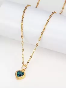 Cubic Zirconia Heart Charm Necklace - Yellow Gold - View 1