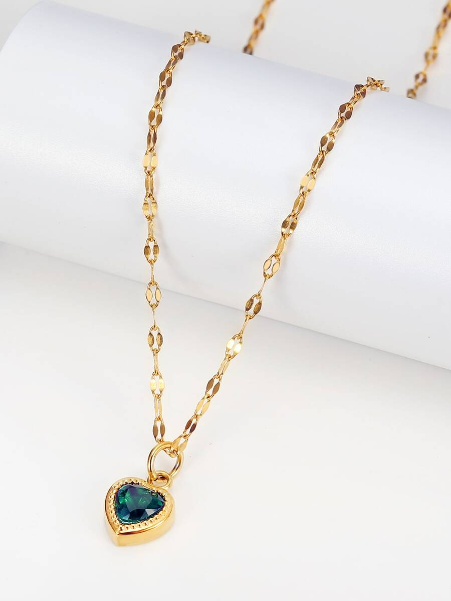 Cubic Zirconia Heart Charm Necklace - Yellow Gold - View 1