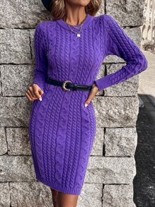 Knit Mix 麻花編織毛衣洋裝不附腰帶 - 紫羅蘭色 - 查看 1