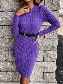 Knit Mix 麻花編織毛衣洋裝不附腰帶 - 紫羅蘭色 - 查看 3