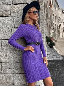 Knit Mix 麻花編織毛衣洋裝不附腰帶 - 紫羅蘭色 - 查看 5