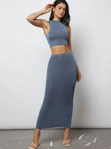 SHEIN Privé Bộ đồ hai mảnh nữ Chia màu trơn Thanh lịch - Màu xanh bụi bặm - Xem 1