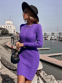 Knit Mix 麻花編織毛衣洋裝不附腰帶 - 紫羅蘭色 - 查看 8