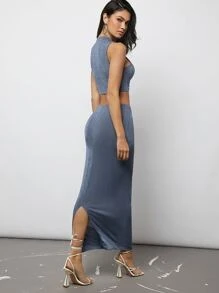 SHEIN Privé Bộ đồ hai mảnh nữ Chia màu trơn Thanh lịch - Màu xanh bụi bặm - Xem 2