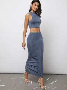 SHEIN Privé Bộ đồ hai mảnh nữ Chia màu trơn Thanh lịch - Màu xanh bụi bặm - Xem 3