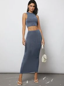 SHEIN Privé Bộ đồ hai mảnh nữ Chia màu trơn Thanh lịch - Màu xanh bụi bặm - Xem 5