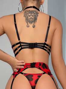 圖案印花鋼圈吊帶襪內衣套裝帶1雙絲襪 - 紅色 - 查看 2