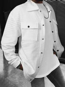 Manfinity Homme Loose Fit Men's Quilted Jacket With Flap Pockets, Plain, Long Sleeve, Going Out, Casual, Boyfriend Gift, Cargo - White - View 1