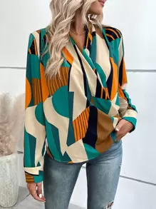 SHEIN Privé Geo Print Surplice Neck Blouse - Multicolor - View 4