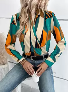 SHEIN Privé Geo Print Surplice Neck Blouse - Multicolor - View 5