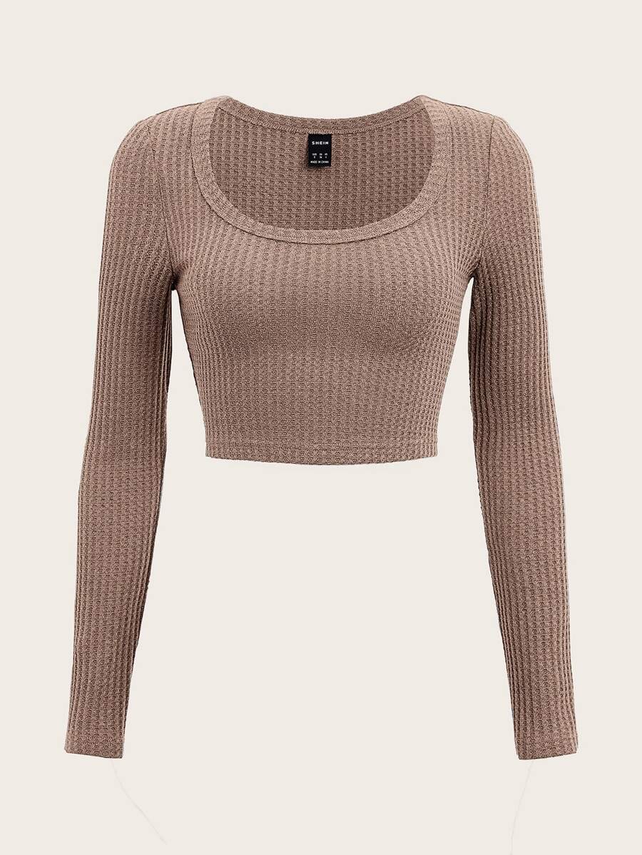 SHEIN EZwear 大圓領羅紋針織短款T恤