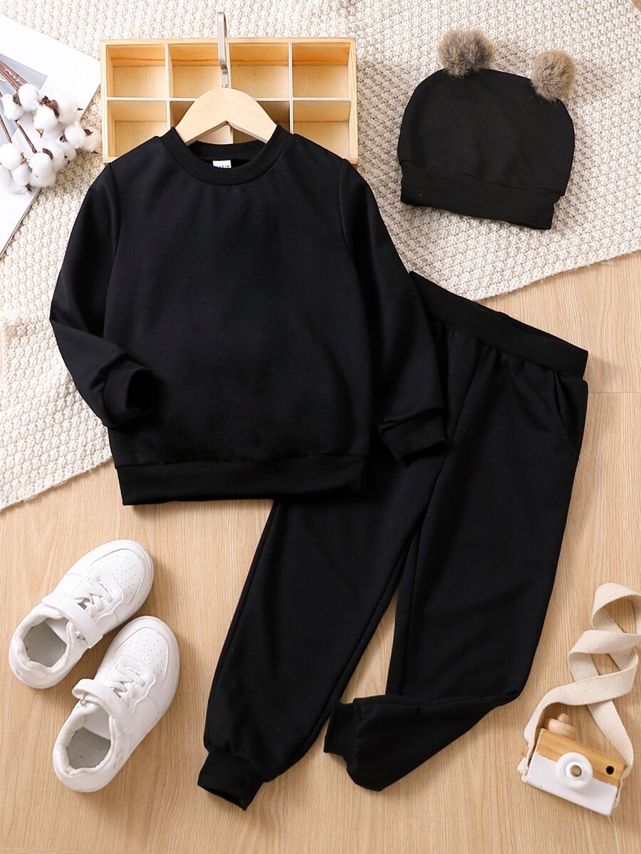 Toddler Girls Solid Sweatshirt & Joggers & Hat - Black - View 1