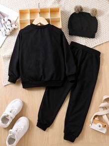 Toddler Girls Solid Sweatshirt & Joggers & Hat - Black - View 2
