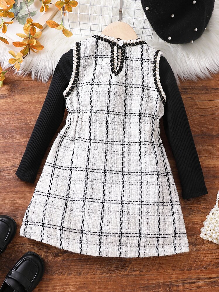 Toddler Girls Plaid Print Dress & Mock Neck Tee - Black and White - View 2