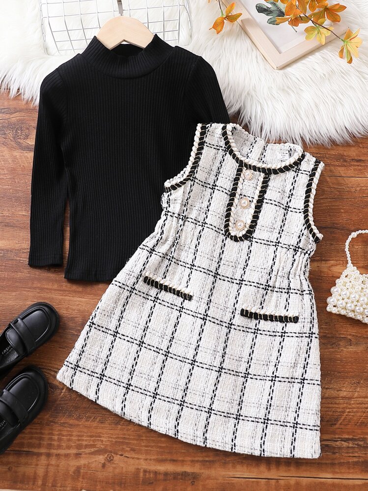 Toddler Girls Plaid Print Dress & Mock Neck Tee - Black and White - View 4