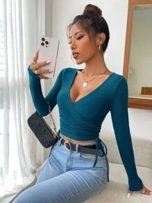 Firerie Solid Wrap Tie Side Crop Tee - Teal Blue - View 4