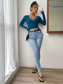 Firerie Solid Wrap Tie Side Crop Tee - Teal Blue - View 7