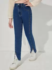 Tween Girl Solid Slant Pocket Jeans - Dark Wash - View 1