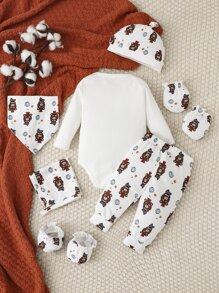 SHEIN 嬰兒男寶9入組熊印花連身衣和褲子 - 白色 - 查看 2