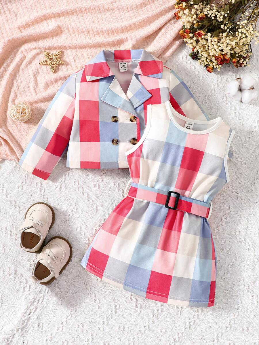 嬰兒格紋印花雙排釦西裝外套和腰帶背心連衣裙 - 彩色 - 查看 1