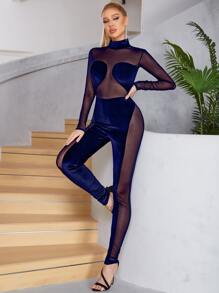透視網紗拼接絲絨彈力緊身連體褲 - 藏蓝色 - 查看 1