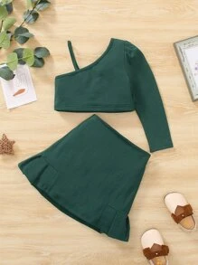 Toddler Girls Asymmetrical Neck Top & Pleated Hem Skirt - Dark Green - View 1