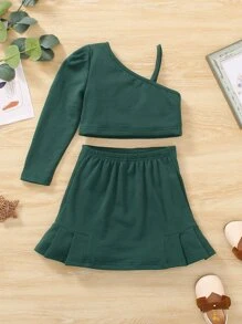 Toddler Girls Asymmetrical Neck Top & Pleated Hem Skirt - Dark Green - View 2