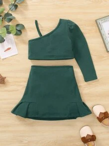 Toddler Girls Asymmetrical Neck Top & Pleated Hem Skirt - Dark Green - View 3