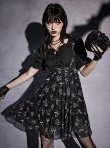 ROMWE Goth Mushroom Print Pinafore Skirt - Black - View 1
