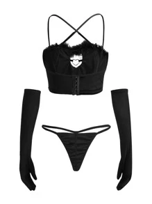 ROMWE Goth Đồ lót gợi cảm Nữ Tương phản lông thú giả Hội Chữ thập Cắt ra Nhẫn màu trơn - màu đen - Xem 2