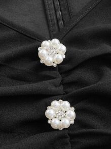 SHEIN MOD Rhinestone Button Front Ruched Gigot Sleeve Dress - Black - View 3