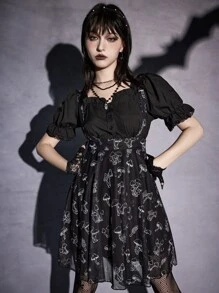 ROMWE Goth Mushroom Print Pinafore Skirt - Black - View 5