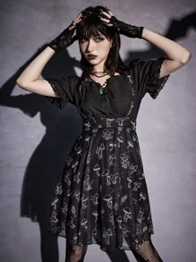 ROMWE Goth Mushroom Print Pinafore Skirt - Black - View 3