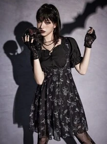 ROMWE Goth Mushroom Print Pinafore Skirt - Black - View 4