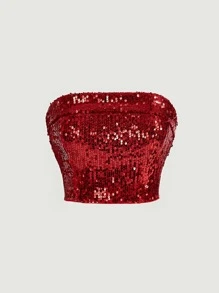 SHEIN BAE Sequin Tube Top - Red - View 1
