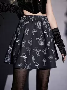 ROMWE Goth Mushroom Print Skirt - Black - View 1