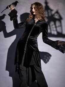ROMWE Goth Contrast Lace Zip Up High Low Hem Velvet Coat - Black - View 1