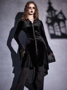 ROMWE Goth Contrast Lace Zip Up High Low Hem Velvet Coat - Black - View 2