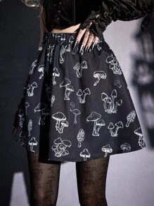 ROMWE Goth Mushroom Print Skirt - Black - View 4