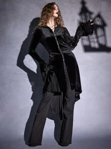 ROMWE Goth Contrast Lace Zip Up High Low Hem Velvet Coat - Black - View 3