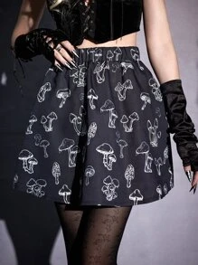 ROMWE Goth Mushroom Print Skirt - Black - View 5