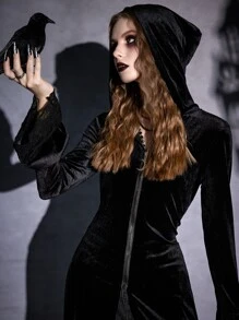 ROMWE Goth Contrast Lace Zip Up High Low Hem Velvet Coat - Black - View 4