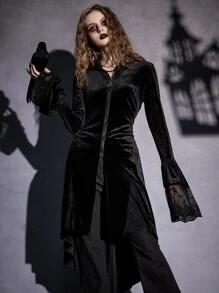 ROMWE Goth Contrast Lace Zip Up High Low Hem Velvet Coat - Black - View 5