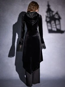 ROMWE Goth Contrast Lace Zip Up High Low Hem Velvet Coat - Black - View 6