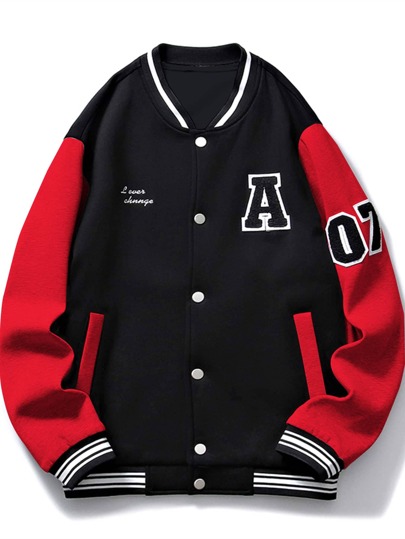 Guys Letter Patch Detail Colorblock Thermal Lined Varsity Jacket