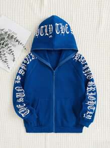 SHEIN Tween Girl Letter Graphic Raglan Sleeve Zip Up Hoodie,In Fall/Winter - Blue - View 1