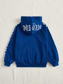 SHEIN Tween Girl Letter Graphic Raglan Sleeve Zip Up Hoodie,In Fall/Winter - Blue - View 2